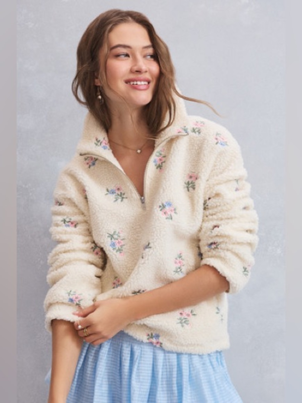 Francesca's Selena Floral Embroidered Sherpa Quarter Zip Pullover Cream Pink